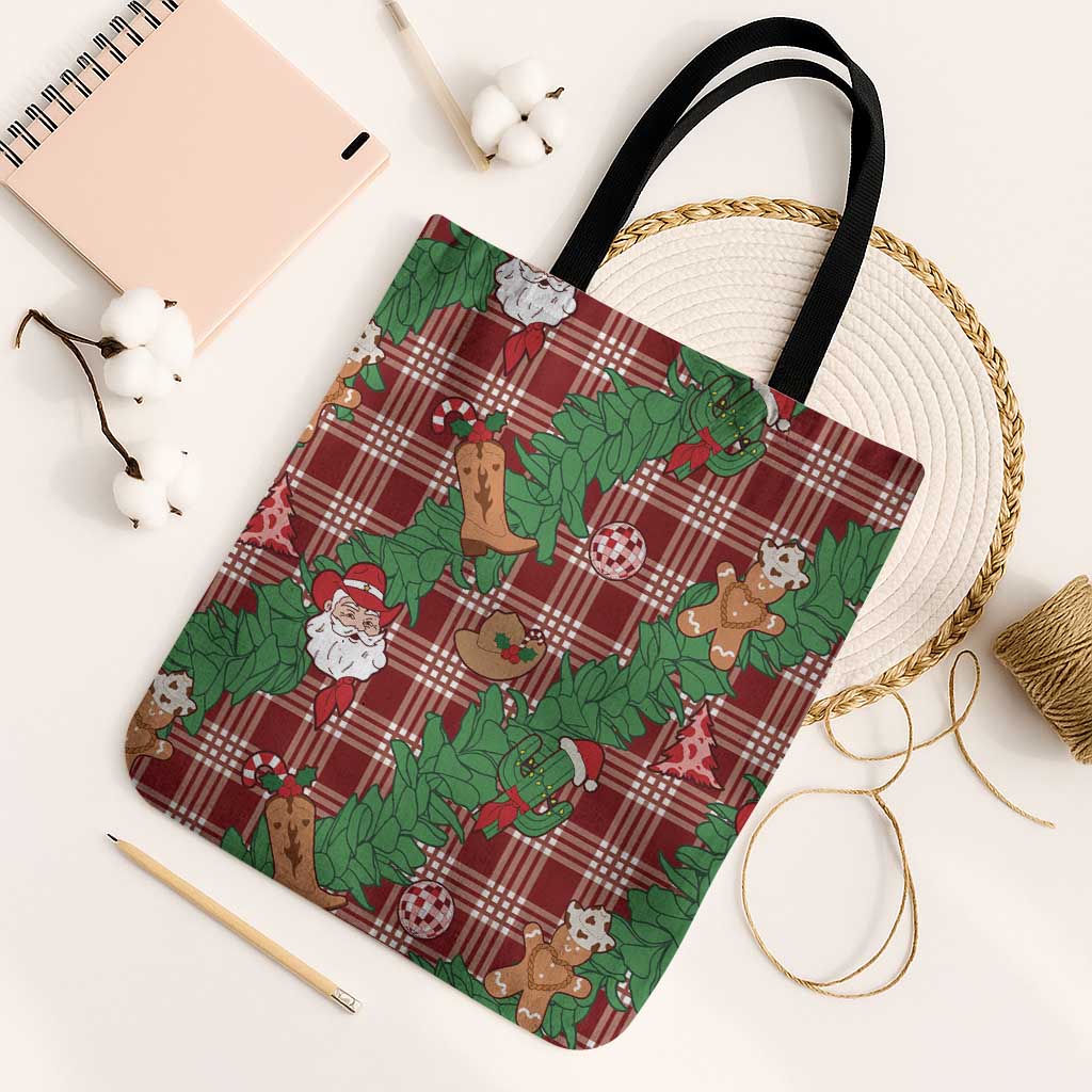 Red Palaka Hawaii Cowboy Christmas Tote Bag Paniolo Mix Maile Lei LT7 Black Strap One Size Red - Polynesian Pride
