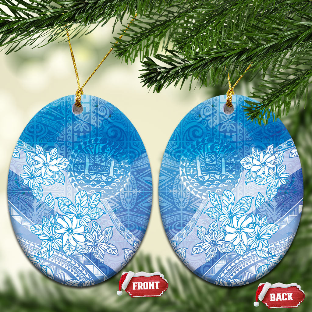 Tahiti Tiare Marble Glaze Ceramic Ornament Winter Blue LT7 Oval Light Blue - Polynesian Pride