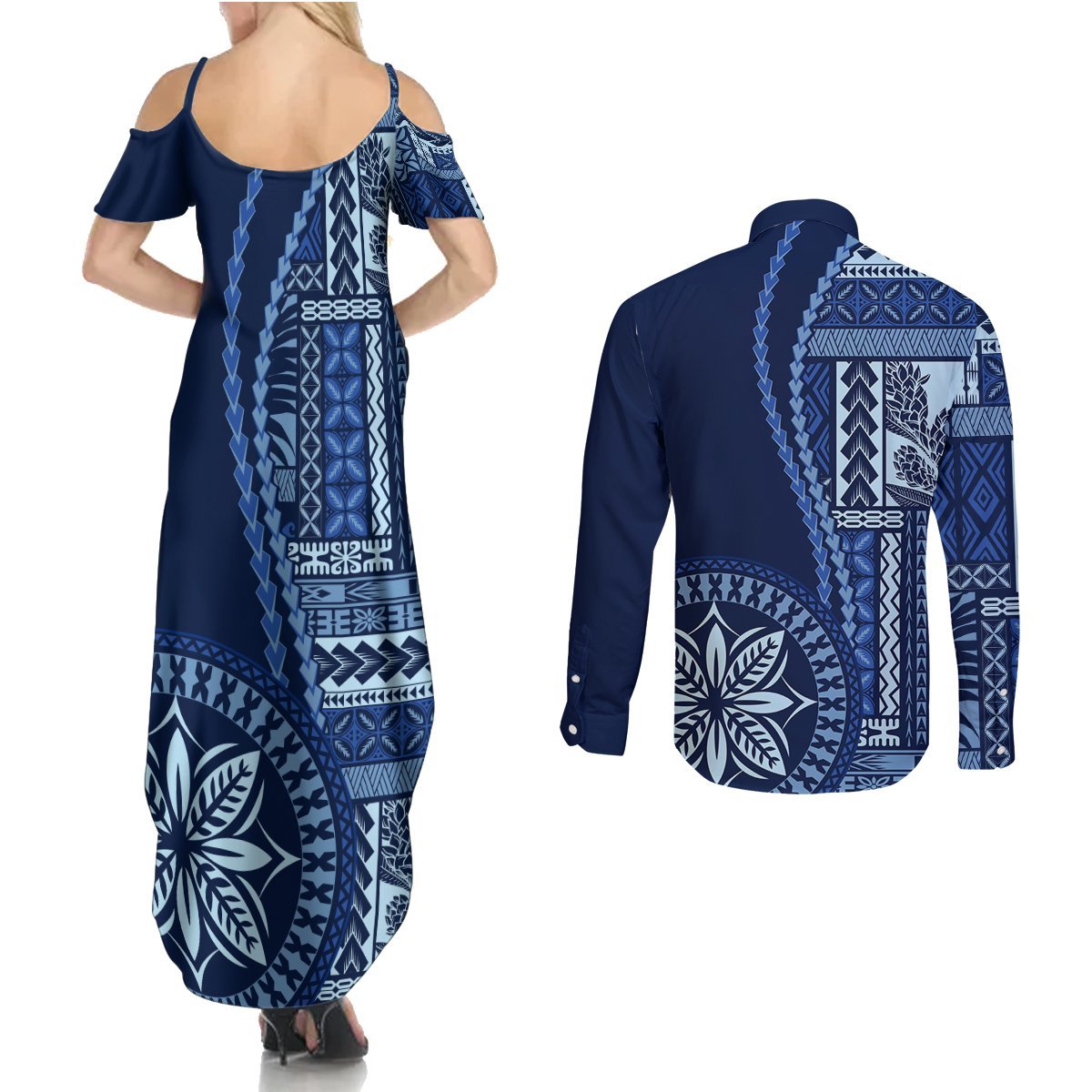 Samoa Siapo Motif Couples Matching Summer Maxi Dress and Long Sleeve Button Shirt Classic Style - Bue Ver LT7 - Polynesian Pride