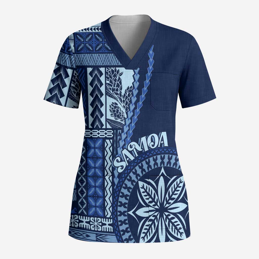 Samoa Siapo Motif Scrub Top Classic Style - Bue Ver LT7 Adult Blue - Polynesian Pride