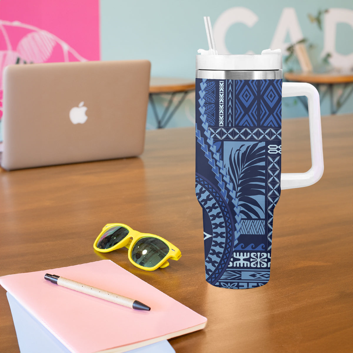 Samoa Siapo Motif Tumbler With Handle Classic Style - Blue Ver LT7 - Polynesian Pride