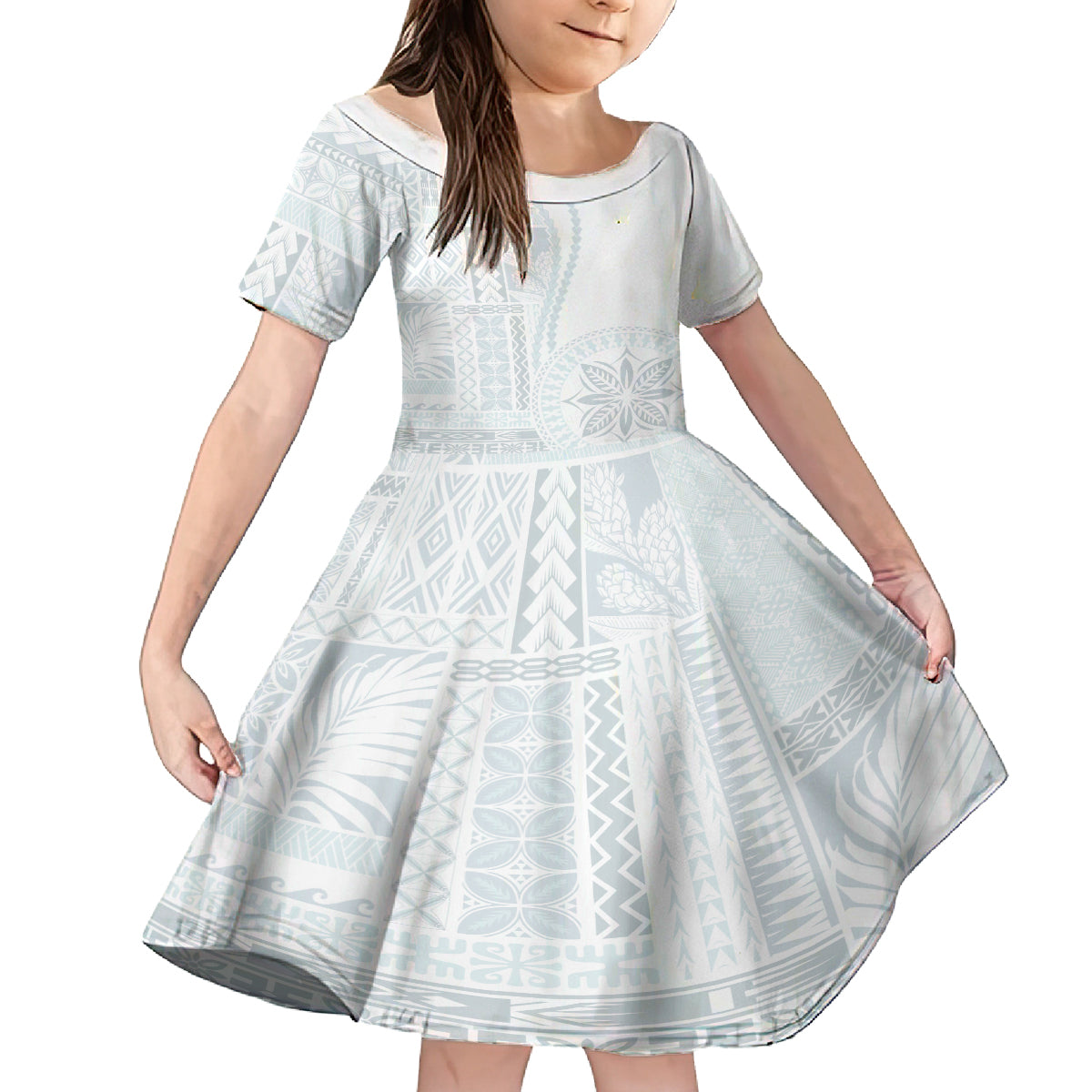 Samoa White Sunday Kid Short Sleeve Dress Classic Siapo Style LT7 KID White - Polynesian Pride