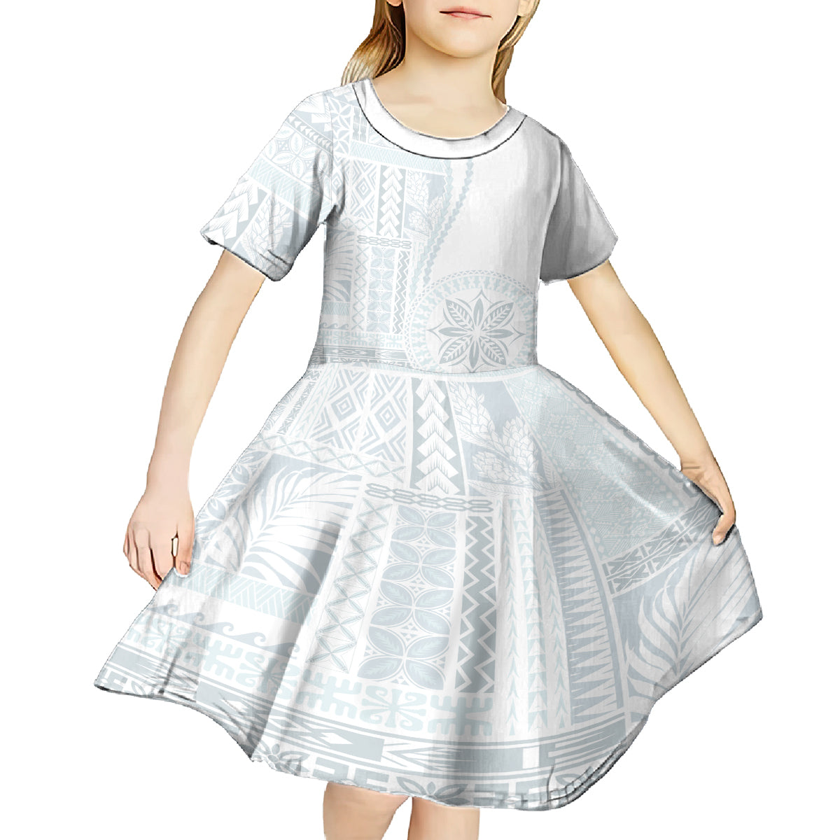 Samoa White Sunday Kid Short Sleeve Dress Classic Siapo Style LT7 - Polynesian Pride