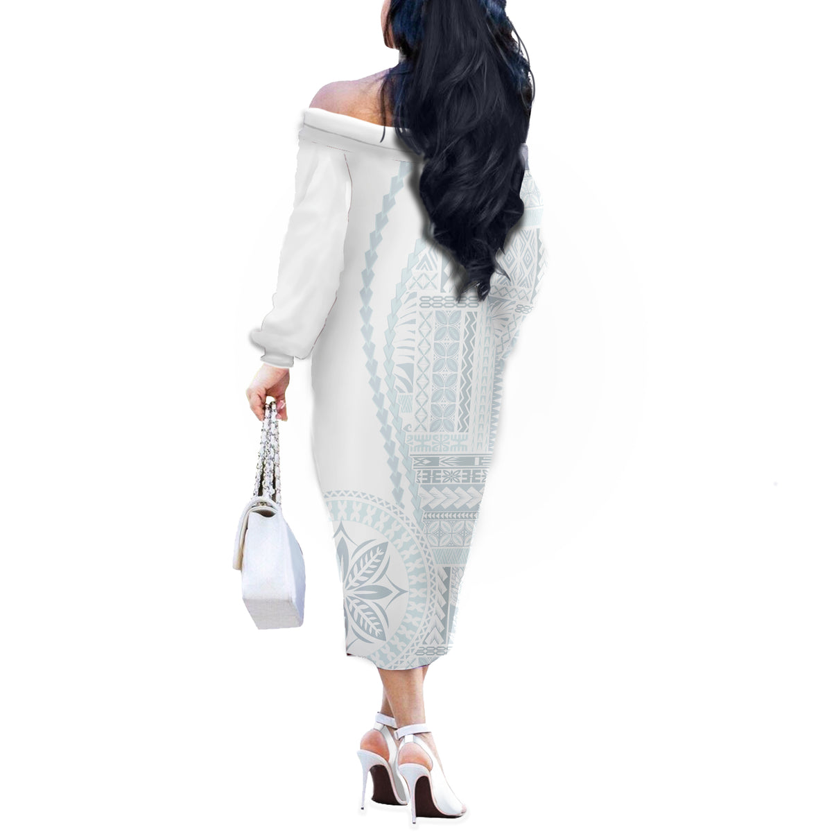 Samoa White Sunday Off The Shoulder Long Sleeve Dress Classic Siapo Style LT7 - Polynesian Pride