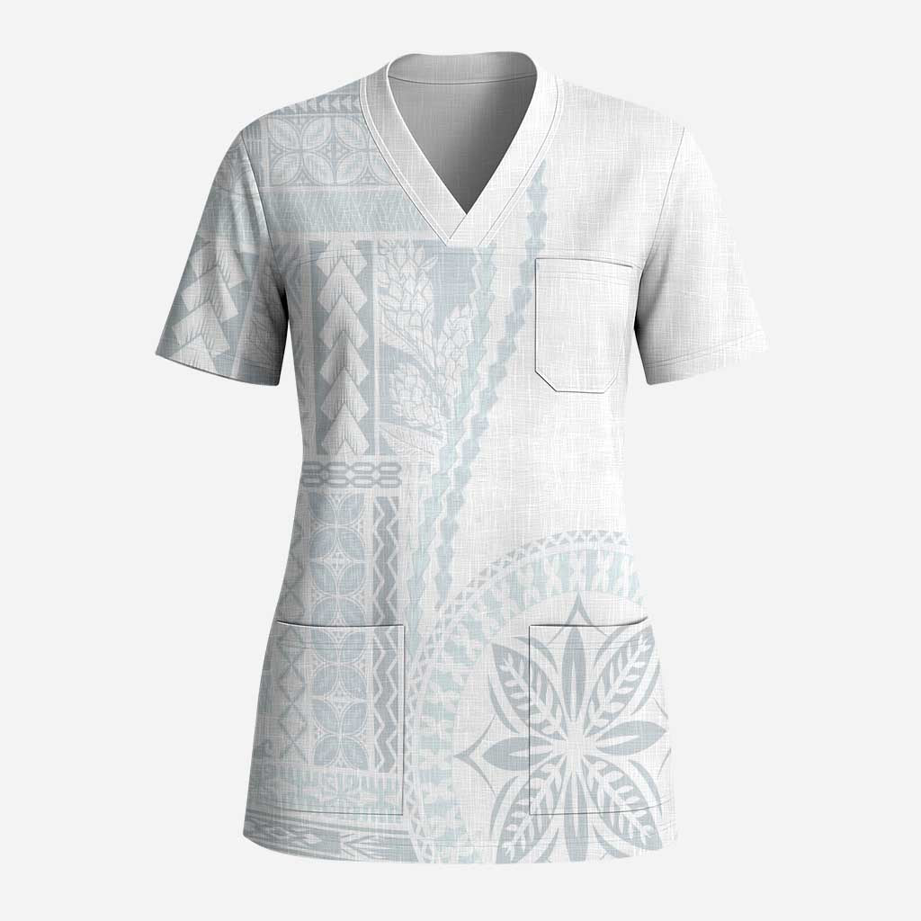 Samoa White Sunday Scrub Top Classic Siapo Style LT7 Adult White - Polynesian Pride
