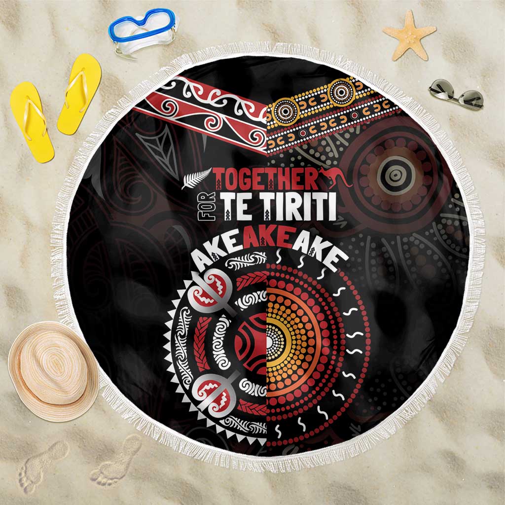 Aotearoa and Australia Indigenous Beach Blanket Stand Together For Te Tiriti LT7 One Size 150cm Black - Polynesian Pride