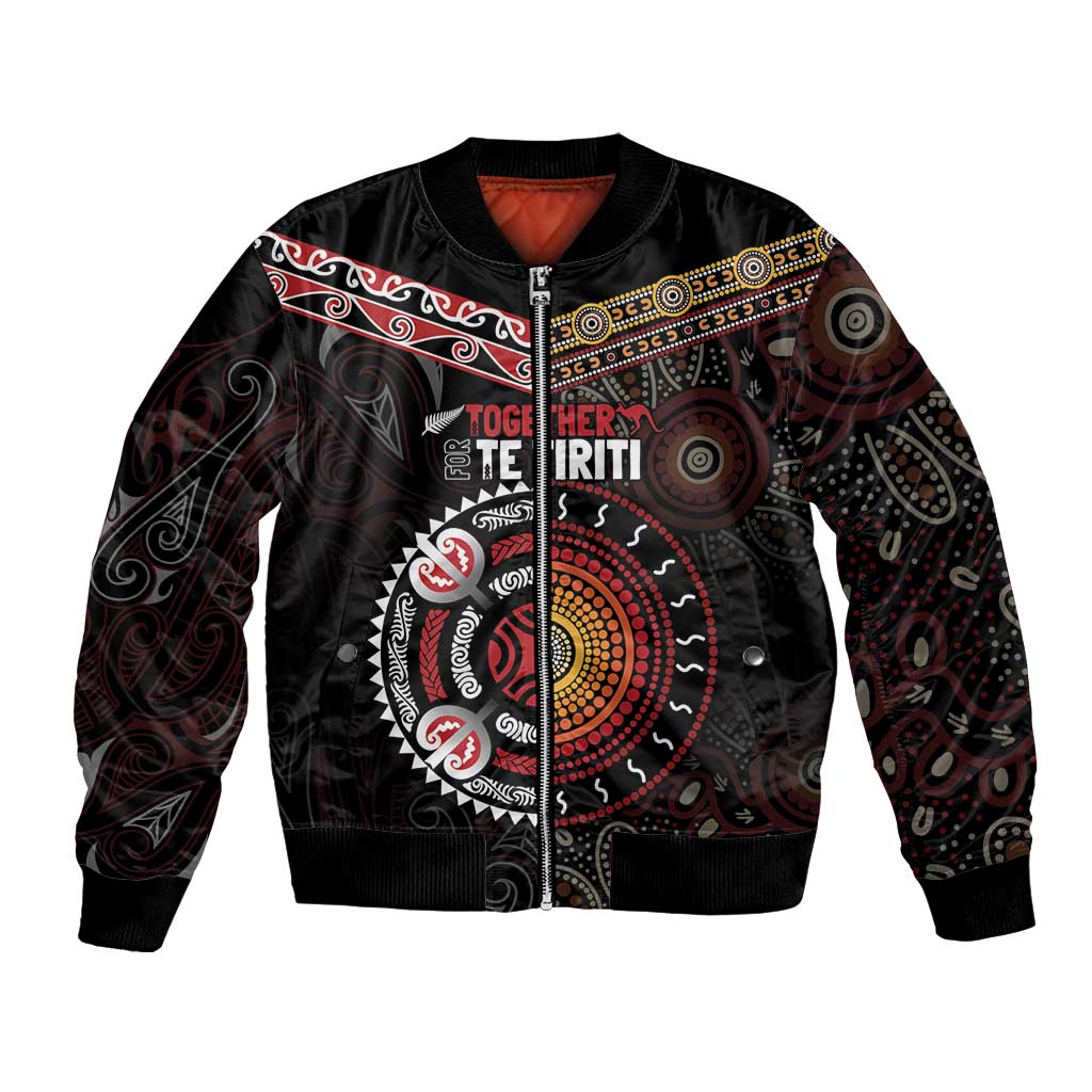 Aotearoa and Australia Indigenous Bomber Jacket Stand Together For Te Tiriti LT7 Unisex Black - Polynesian Pride