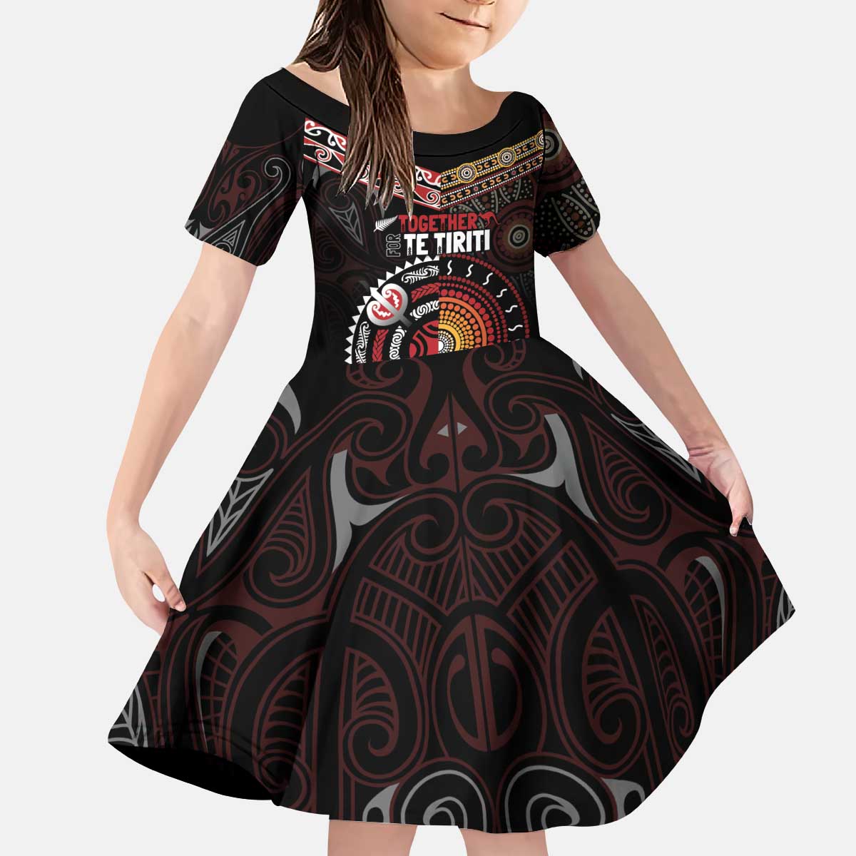 Aotearoa and Australia Indigenous Kid Short Sleeve Dress Stand Together For Te Tiriti LT7 KID Black - Polynesian Pride