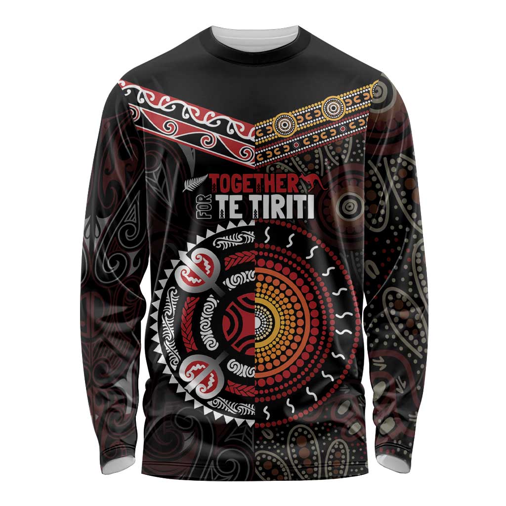 Aotearoa and Australia Indigenous Long Sleeve Shirt Stand Together For Te Tiriti LT7 Unisex Black - Polynesian Pride