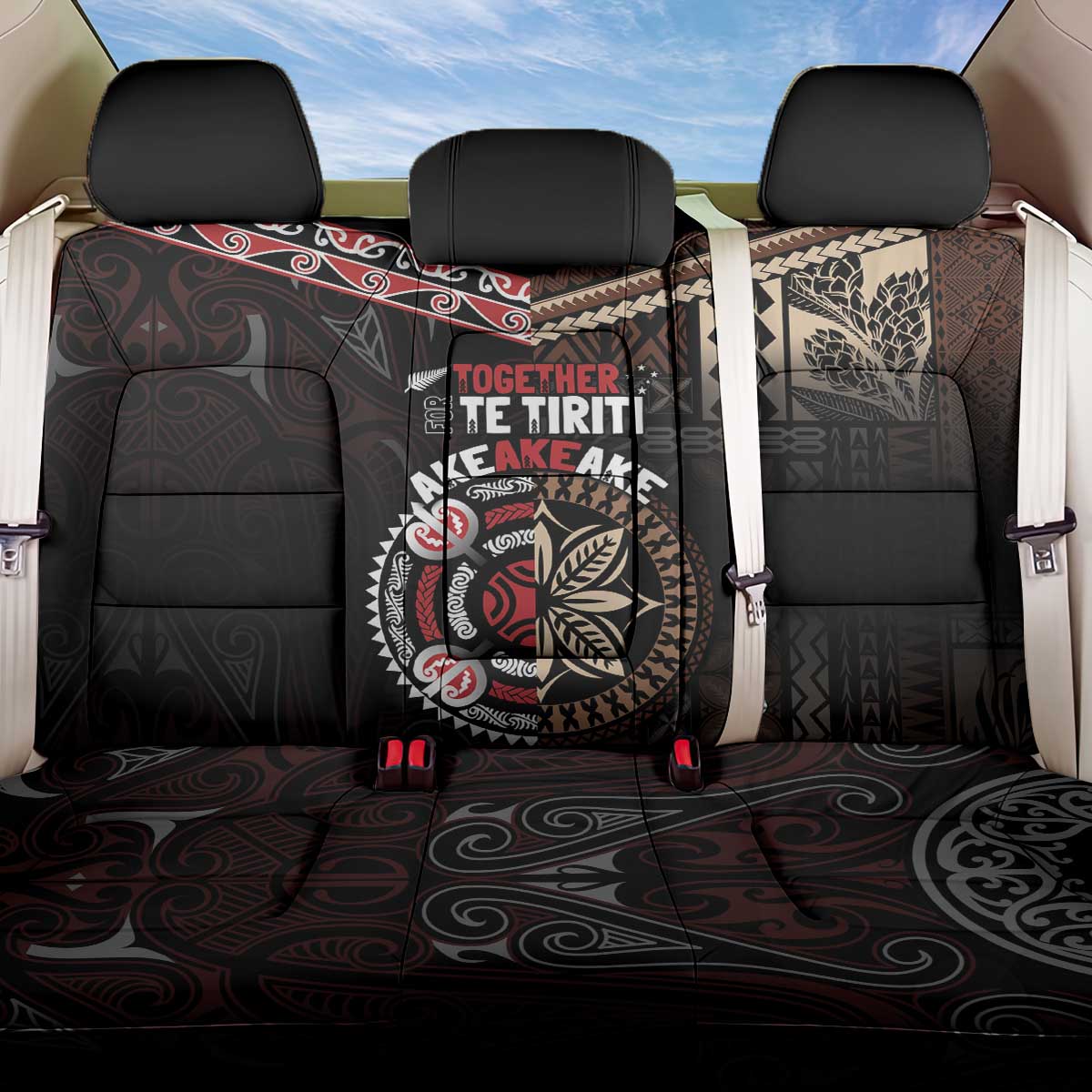 Aotearoa and Samoa Together For Te Tiriti Back Car Seat Cover Kowhaiwhai Mix Siapo LT7 One Size Black - Polynesian Pride