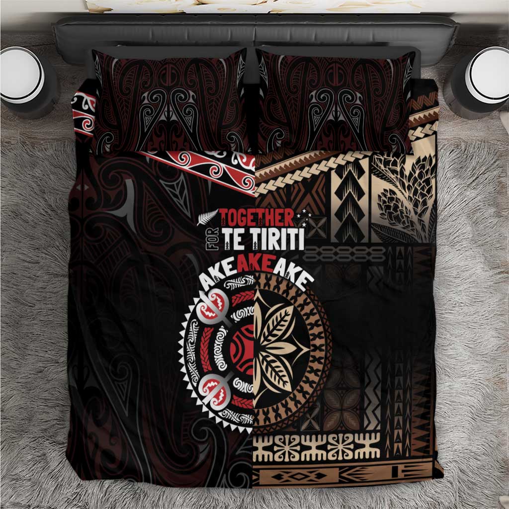 Aotearoa and Samoa Together For Te Tiriti Bedding Set Kowhaiwhai Mix Siapo LT7 Black - Polynesian Pride
