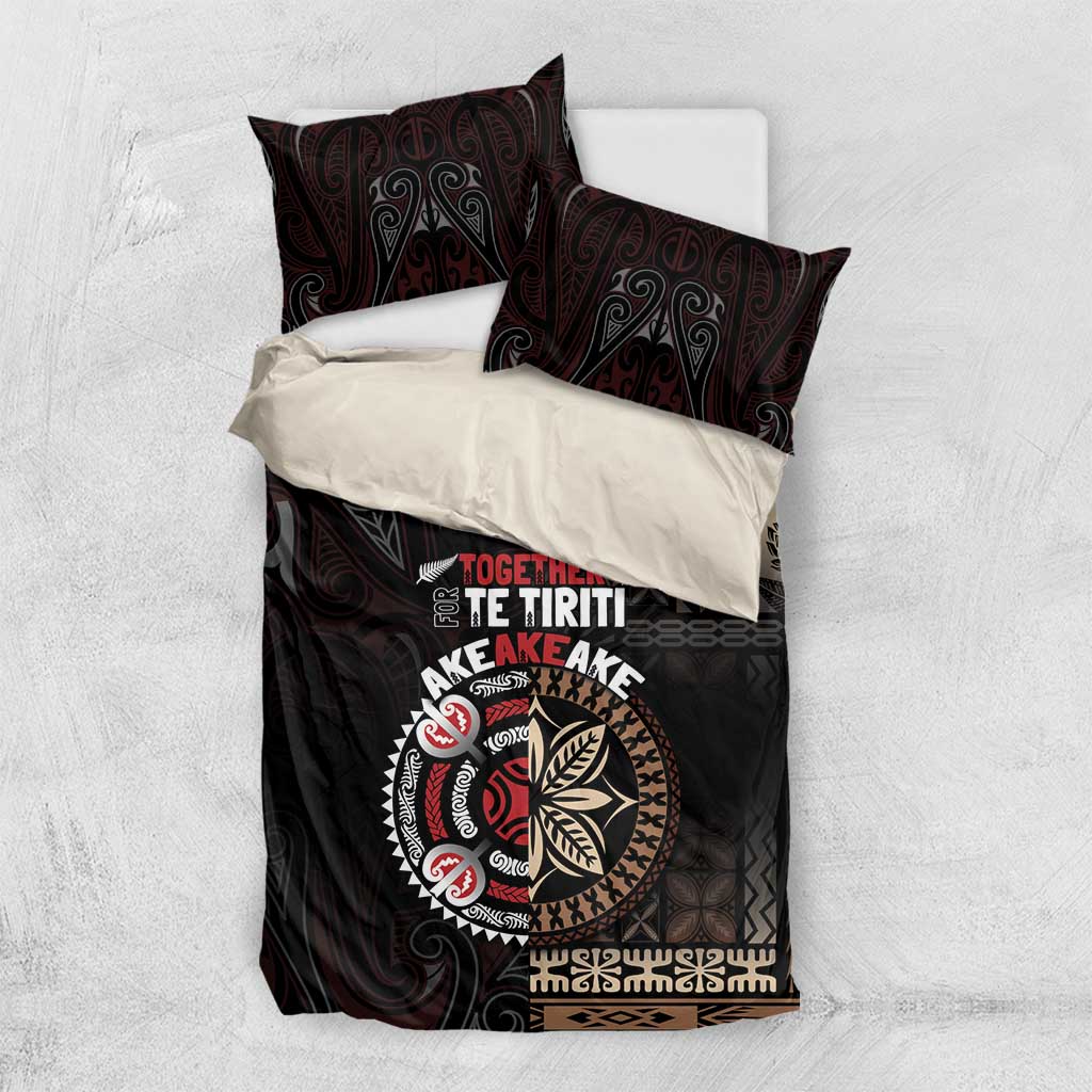 Aotearoa and Samoa Together For Te Tiriti Bedding Set Kowhaiwhai Mix Siapo LT7 US Twin 172cm x 218cm Black - Polynesian Pride