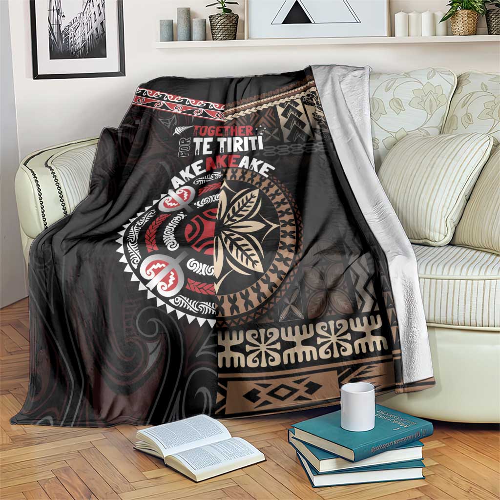 Aotearoa and Samoa Together For Te Tiriti Blanket Kowhaiwhai Mix Siapo LT7 Black - Polynesian Pride