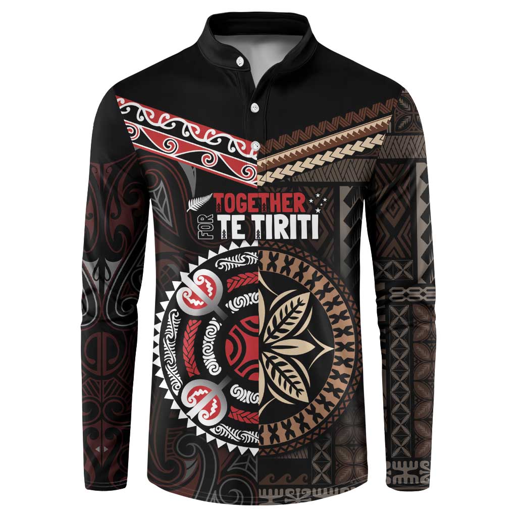 Aotearoa and Samoa Together For Te Tiriti Button Sweatshirt Kowhaiwhai Mix Siapo LT7 Black - Polynesian Pride