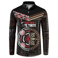 Aotearoa and Samoa Together For Te Tiriti Button Sweatshirt Kowhaiwhai Mix Siapo LT7 Black - Polynesian Pride
