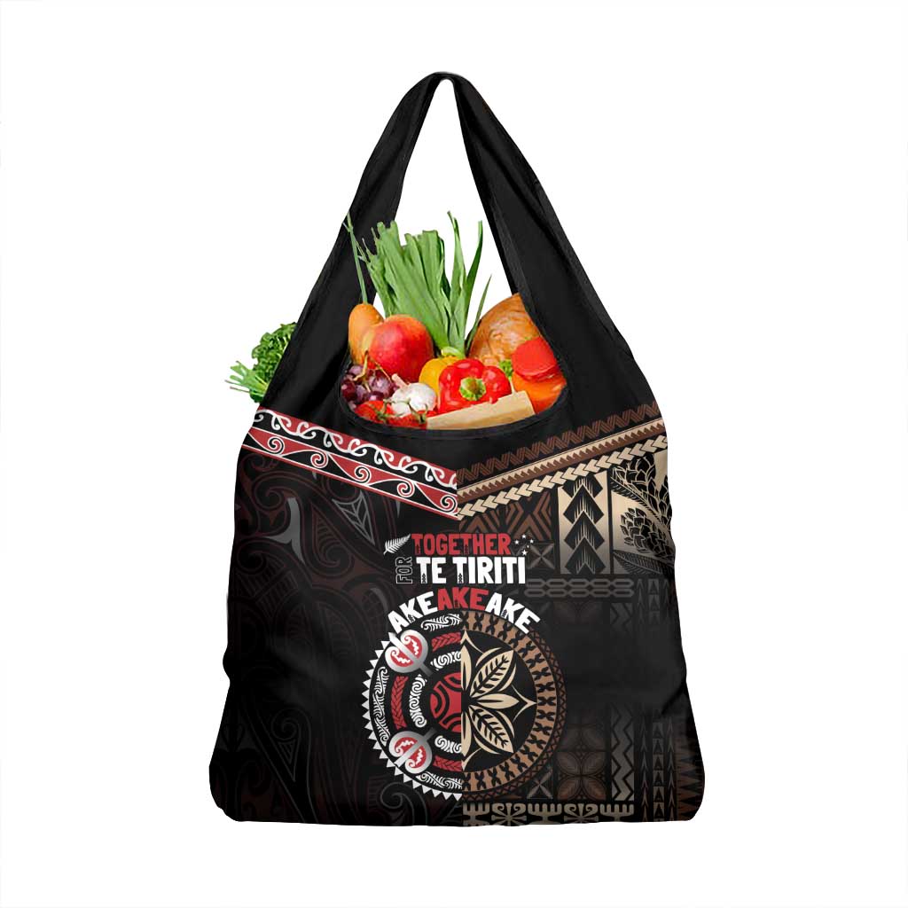 Aotearoa and Samoa Together For Te Tiriti Grocery Bag Kowhaiwhai Mix Siapo LT7 1-pack One Size Black - Polynesian Pride