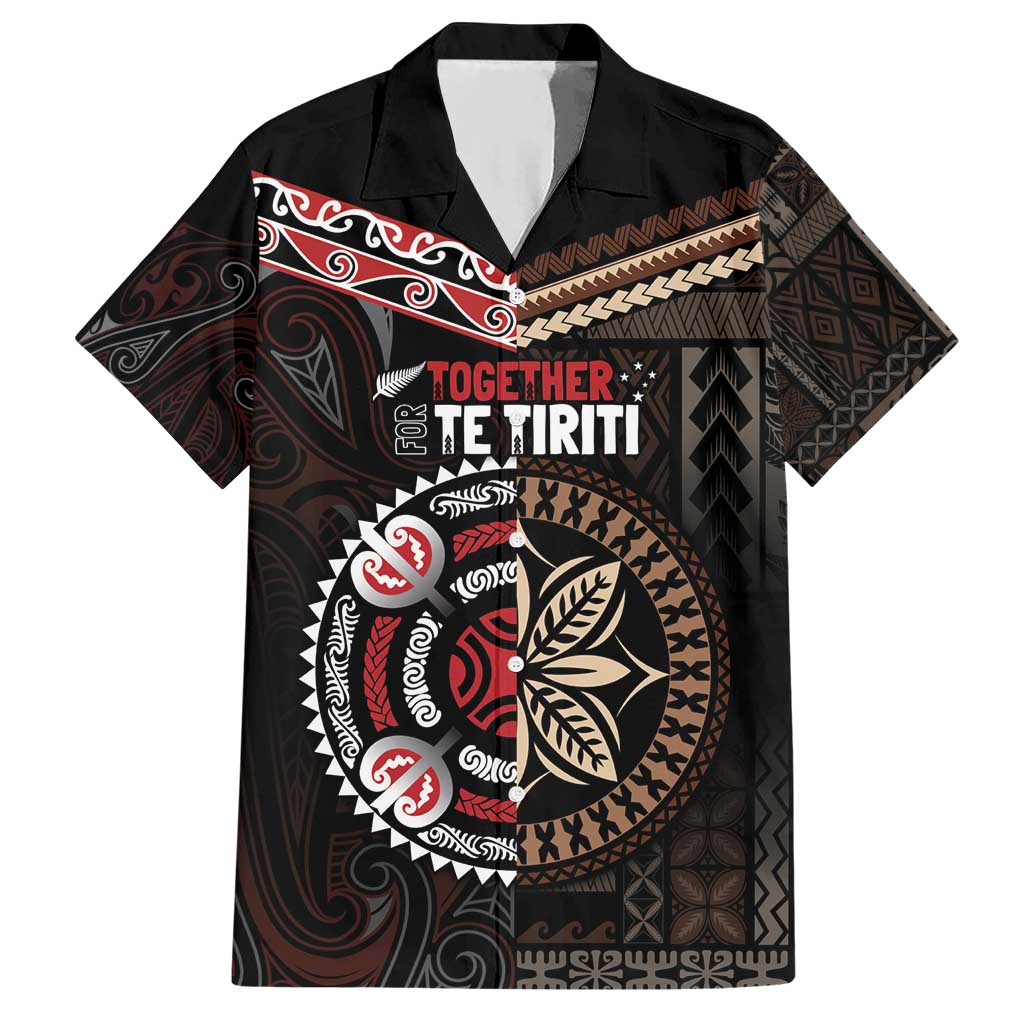 Aotearoa and Samoa Together For Te Tiriti Hawaiian Shirt Kowhaiwhai Mix Siapo LT7 Black - Polynesian Pride