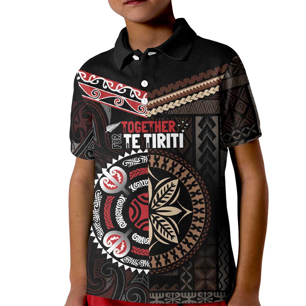 Aotearoa and Samoa Together For Te Tiriti Kid Polo Shirt Kowhaiwhai Mix Siapo LT7 Kid Black - Polynesian Pride