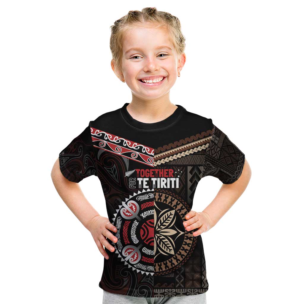 Aotearoa and Samoa Together For Te Tiriti Kid T Shirt Kowhaiwhai Mix Siapo LT7 Black - Polynesian Pride