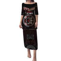Aotearoa and Samoa Together For Te Tiriti Puletasi Kowhaiwhai Mix Siapo LT7 Long Dress Black - Polynesian Pride