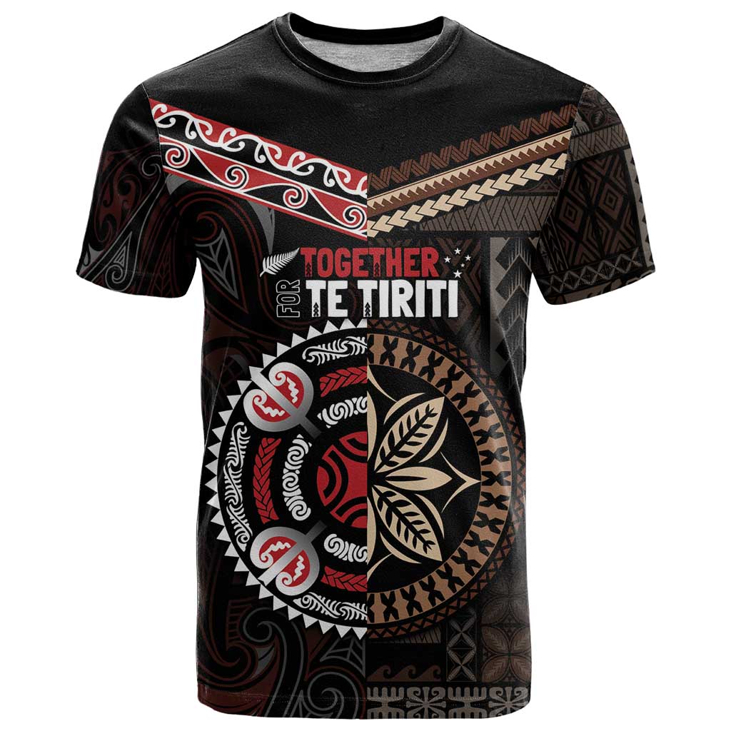 Aotearoa and Samoa Together For Te Tiriti T Shirt Kowhaiwhai Mix Siapo LT7 Black - Polynesian Pride