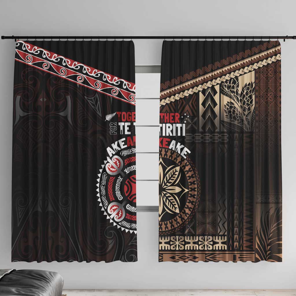Aotearoa and Samoa Together For Te Tiriti Window Curtain Kowhaiwhai Mix Siapo LT7 With Hooks Black - Polynesian Pride