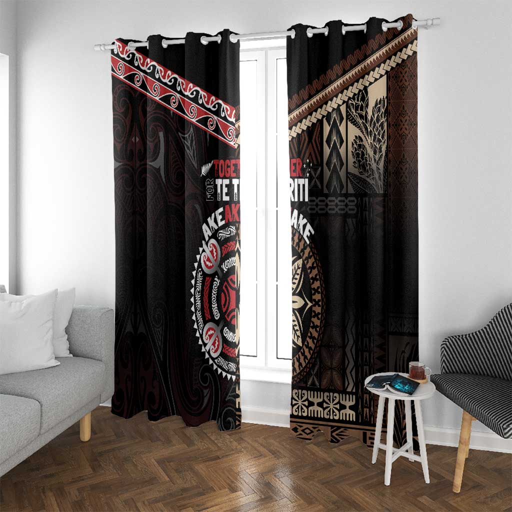 Aotearoa and Samoa Together For Te Tiriti Window Curtain Kowhaiwhai Mix Siapo LT7 With Grommets Black - Polynesian Pride