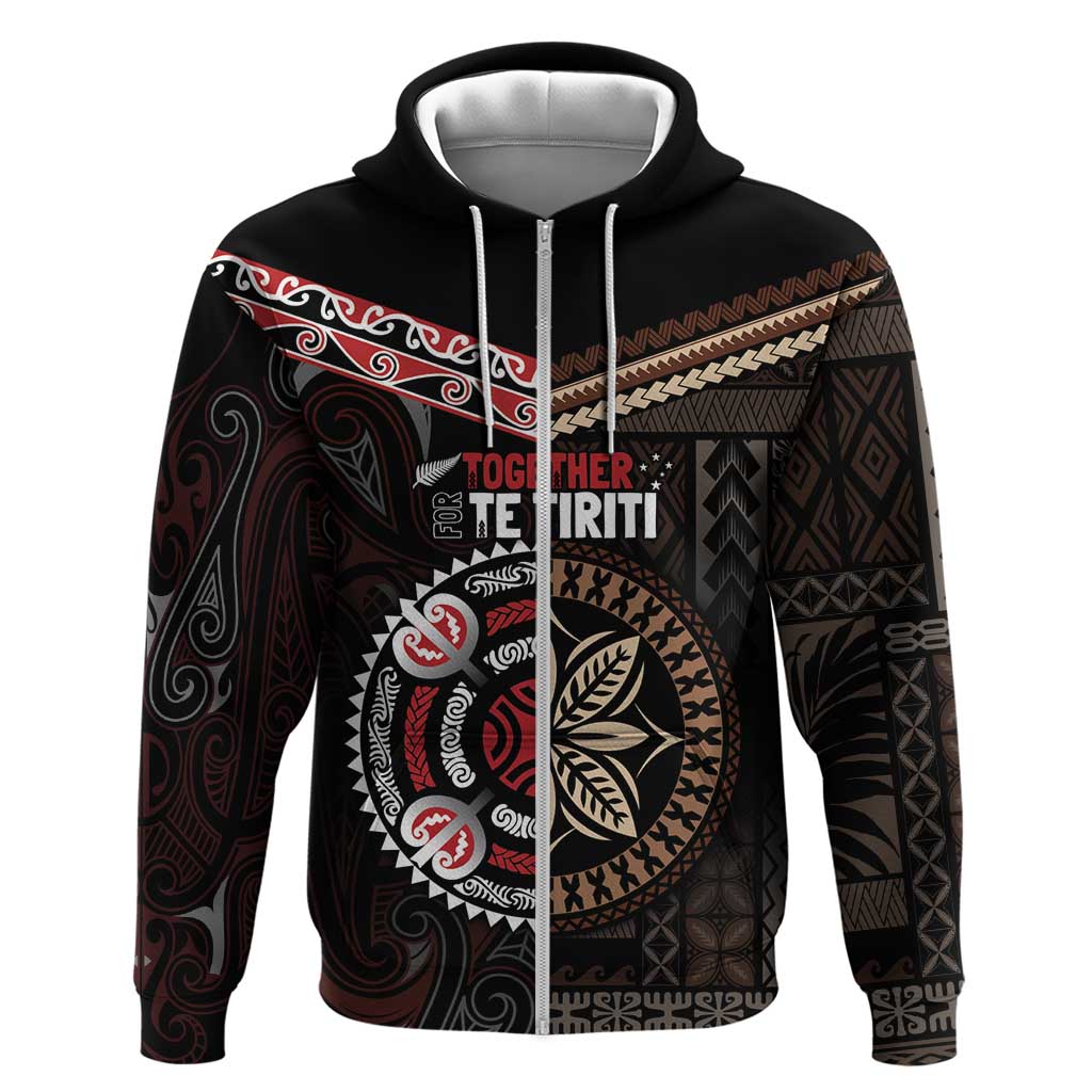 Aotearoa and Samoa Together For Te Tiriti Zip Hoodie Kowhaiwhai Mix Siapo LT7 Zip Hoodie Black - Polynesian Pride
