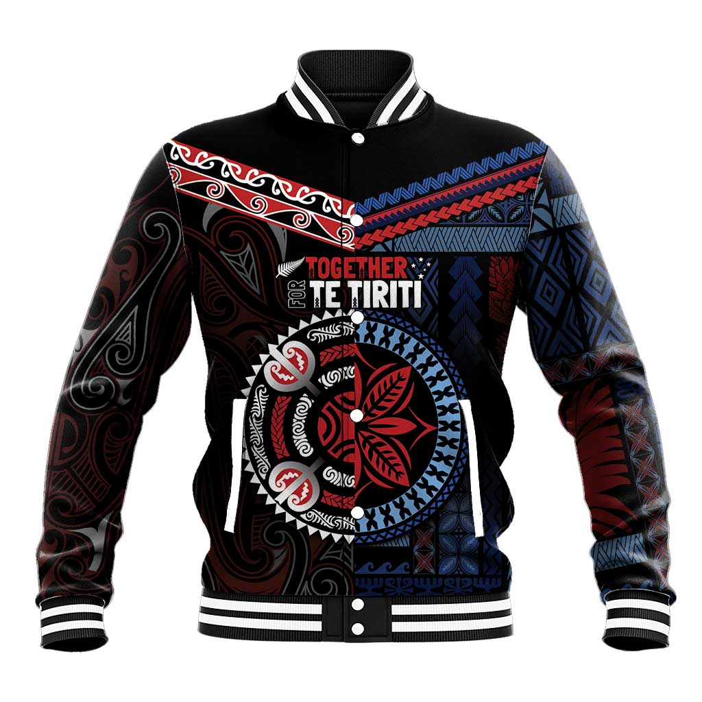 Aotearoa and Samoa Together For Te Tiriti Baseball Jacket Kowhaiwhai Mix Siapo - Flag Color LT7 Unisex Black - Polynesian Pride