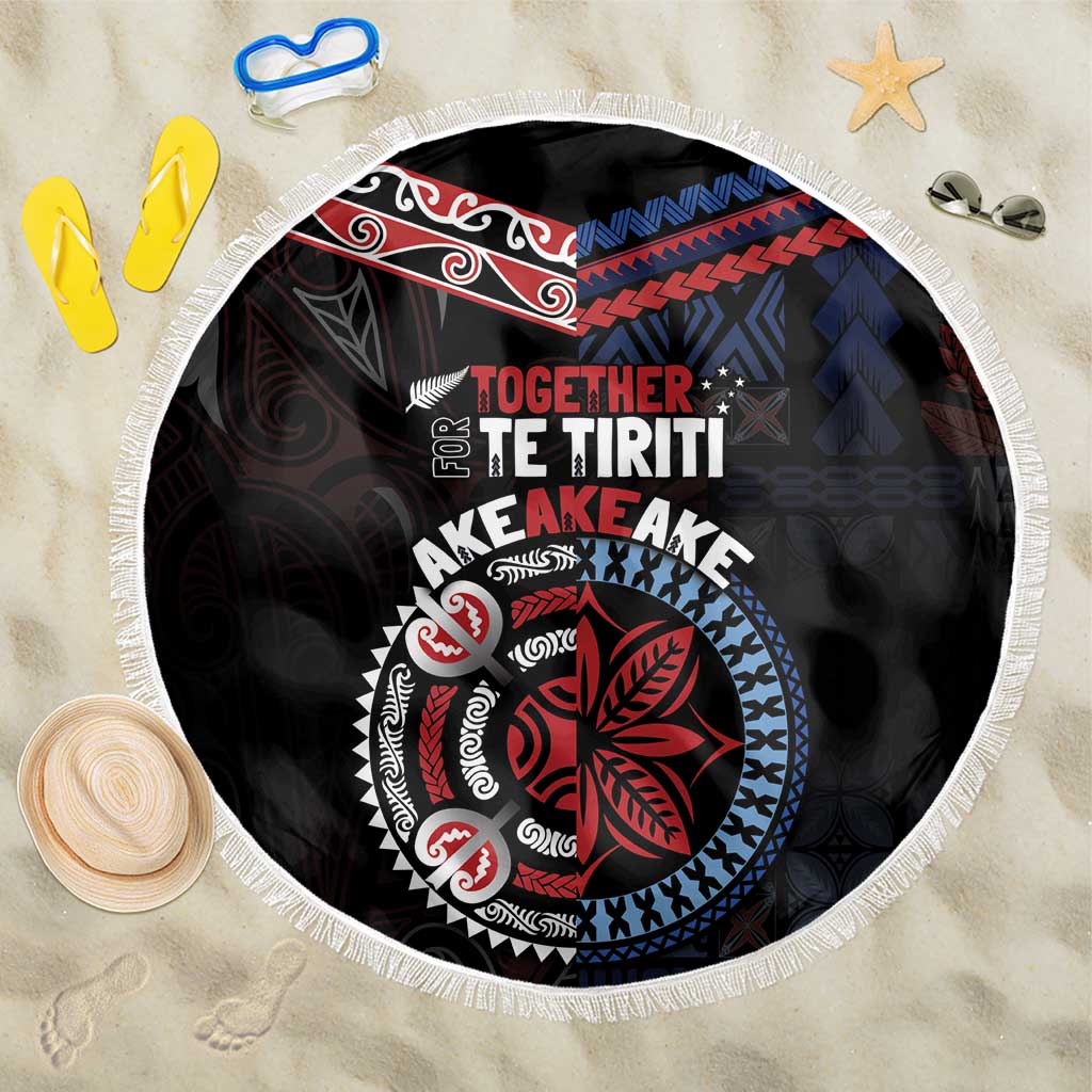 Aotearoa and Samoa Together For Te Tiriti Beach Blanket Kowhaiwhai Mix Siapo - Flag Color LT7 One Size 150cm Black - Polynesian Pride