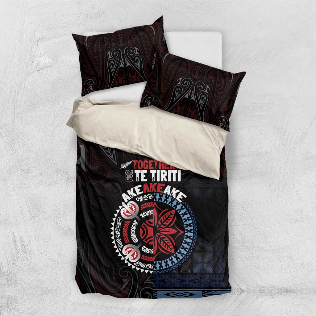 Aotearoa and Samoa Together For Te Tiriti Bedding Set Kowhaiwhai Mix Siapo - Flag Color LT7 US Twin 172cm x 218cm Black - Polynesian Pride
