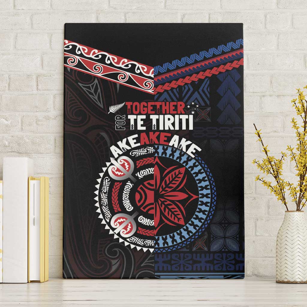 Aotearoa and Samoa Together For Te Tiriti Canvas Wall Art Kowhaiwhai Mix Siapo - Flag Color LT7 Without Frame Black - Polynesian Pride