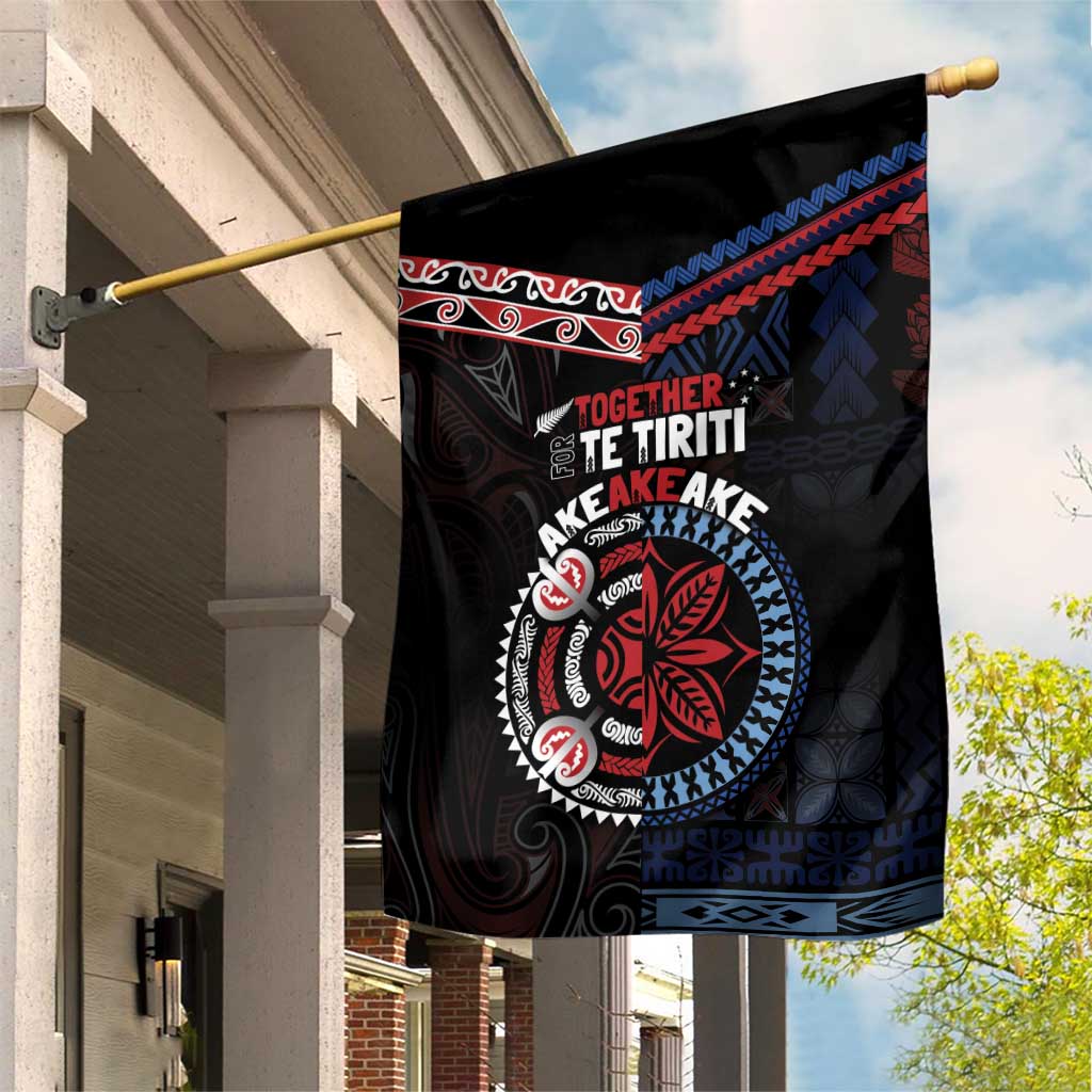 Aotearoa and Samoa Together For Te Tiriti Garden Flag Kowhaiwhai Mix Siapo - Flag Color LT7 House Flag Black - Polynesian Pride