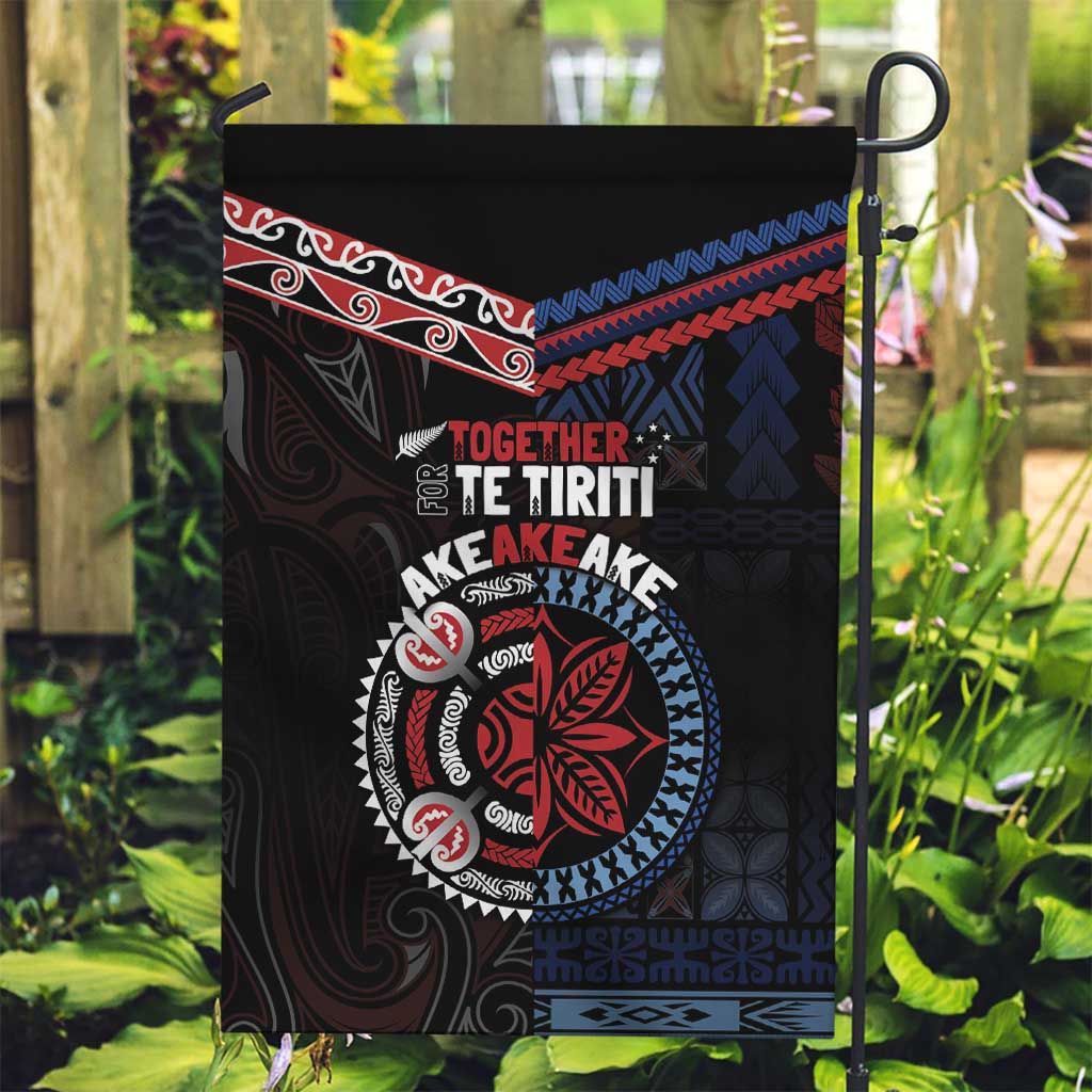 Aotearoa and Samoa Together For Te Tiriti Garden Flag Kowhaiwhai Mix Siapo - Flag Color LT7 Garden Flag Black - Polynesian Pride