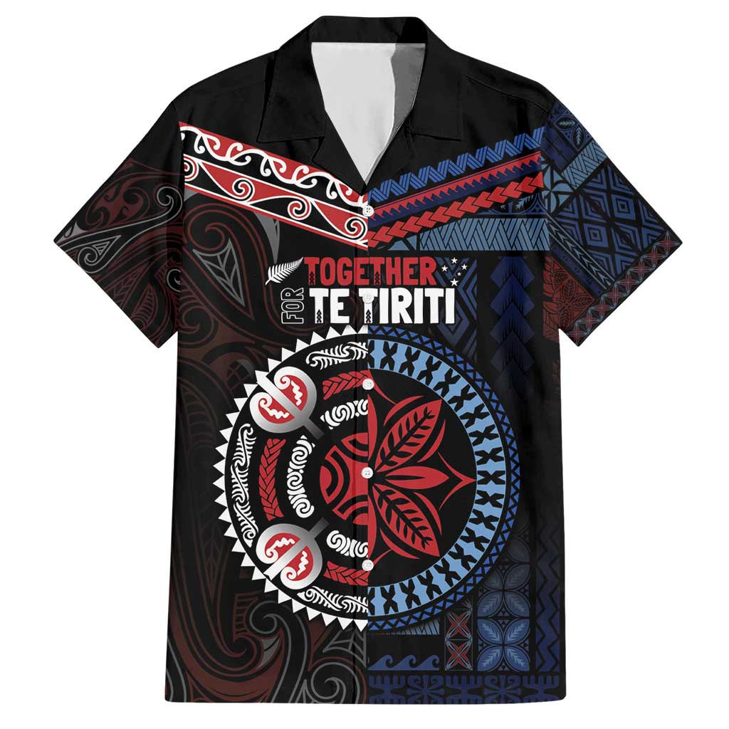 Aotearoa and Samoa Together For Te Tiriti Hawaiian Shirt Kowhaiwhai Mix Siapo - Flag Color LT7 Black - Polynesian Pride