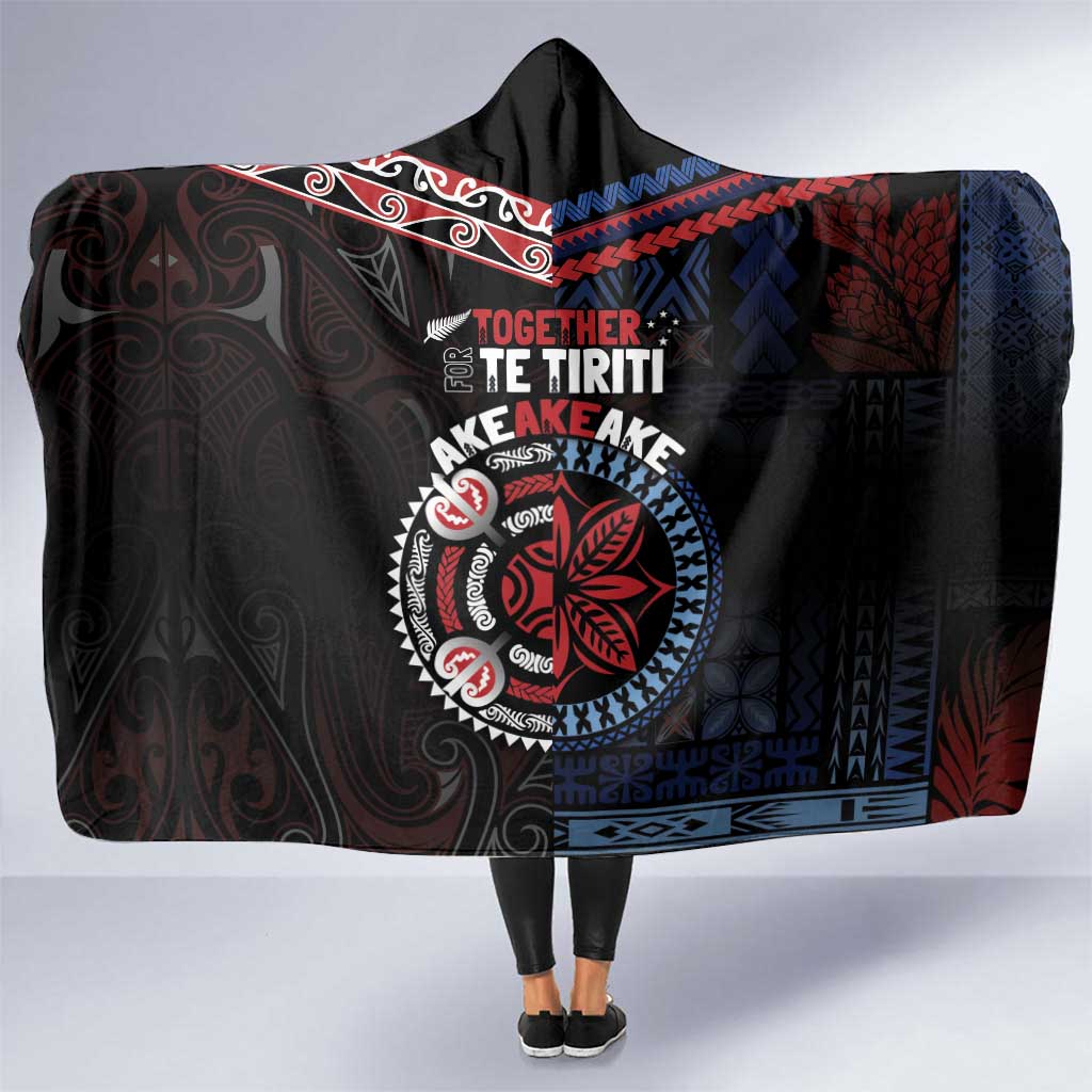 Aotearoa and Samoa Together For Te Tiriti Hooded Blanket Kowhaiwhai Mix Siapo - Flag Color LT7 One Size Black - Polynesian Pride