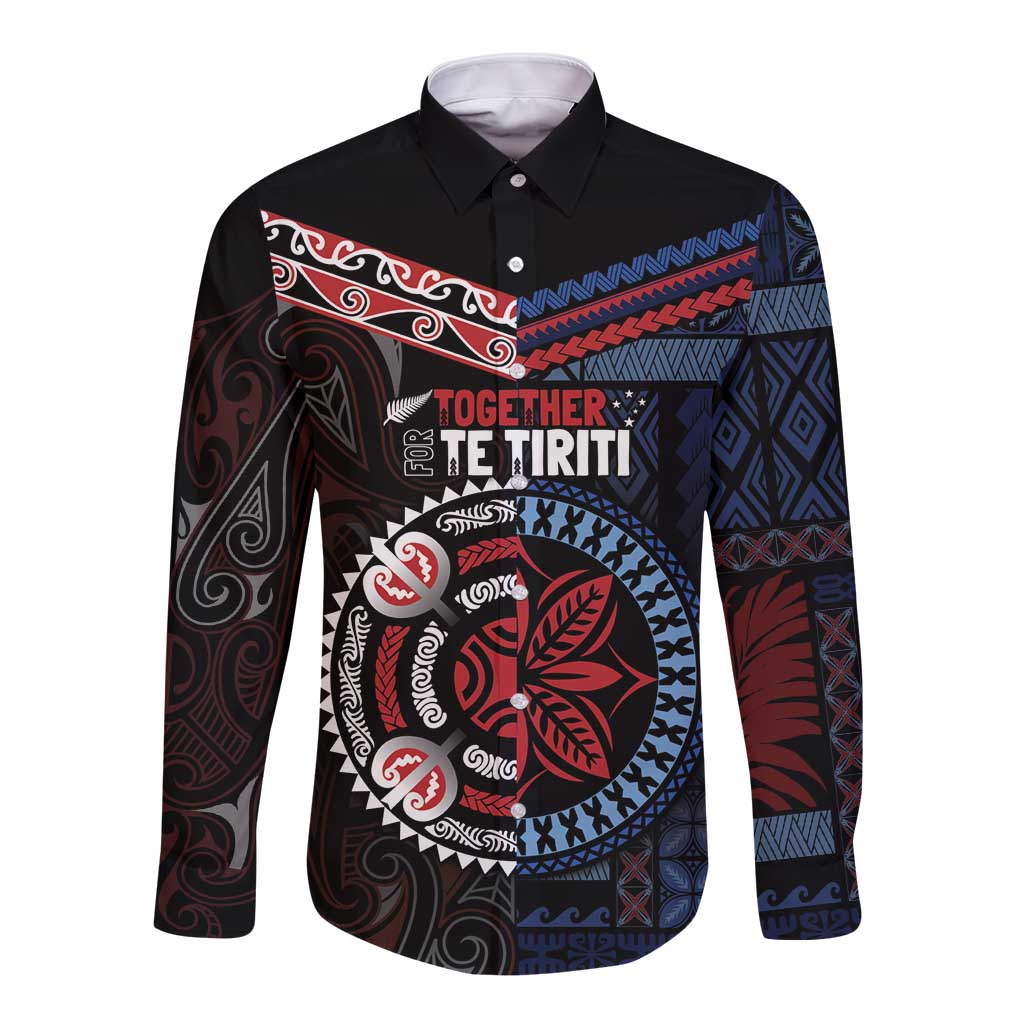 Aotearoa and Samoa Together For Te Tiriti Long Sleeve Button Shirt Kowhaiwhai Mix Siapo - Flag Color LT7 Unisex Black - Polynesian Pride
