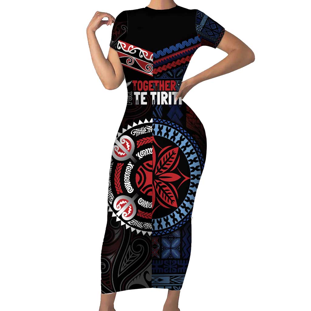 Aotearoa and Samoa Together For Te Tiriti Short Sleeve Bodycon Dress Kowhaiwhai Mix Siapo - Flag Color