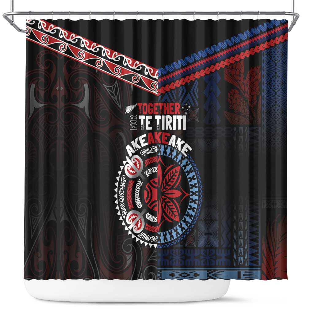 Aotearoa and Samoa Together For Te Tiriti Shower Curtain Kowhaiwhai Mix Siapo - Flag Color LT7 Black - Polynesian Pride