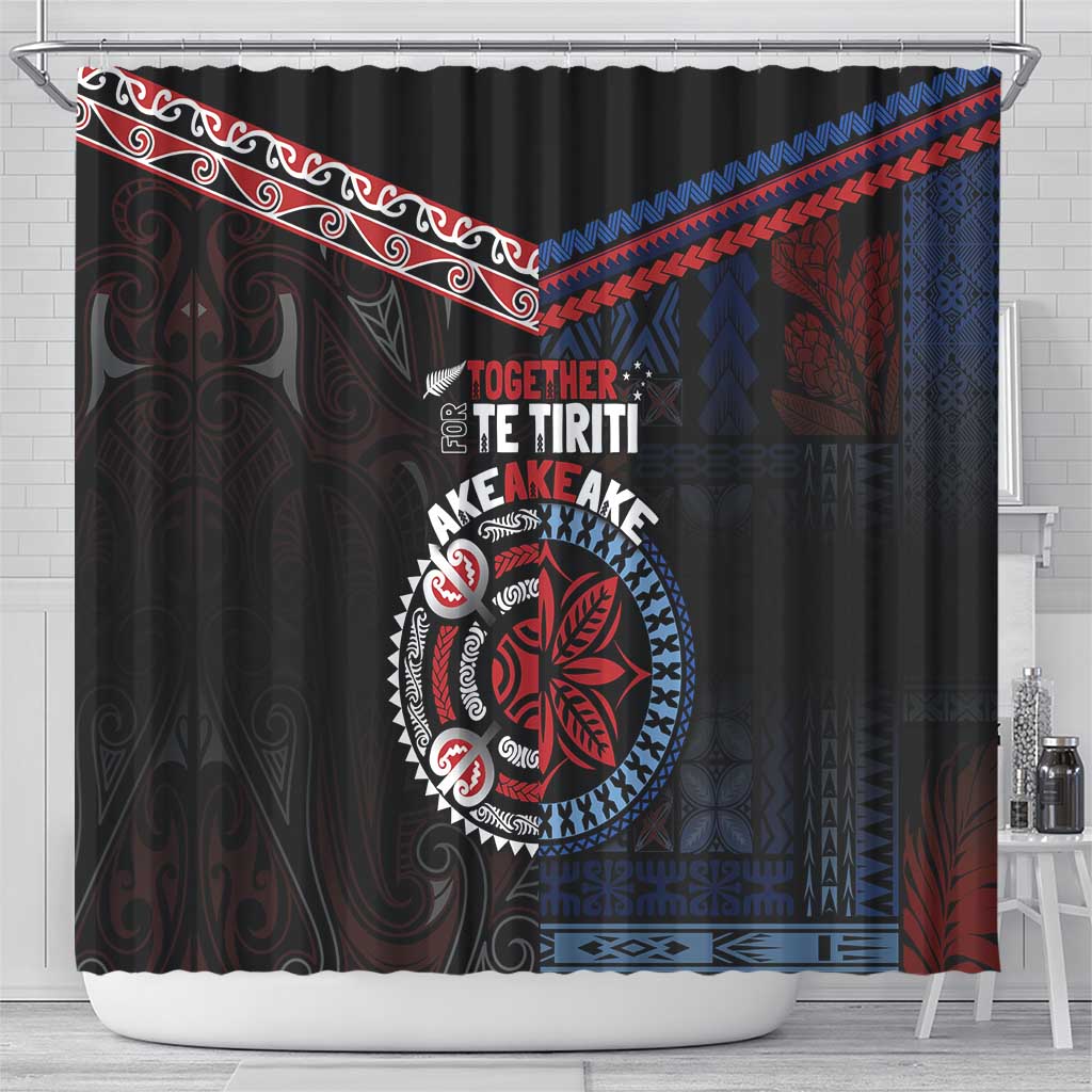Aotearoa and Samoa Together For Te Tiriti Shower Curtain Kowhaiwhai Mix Siapo - Flag Color LT7 - Polynesian Pride