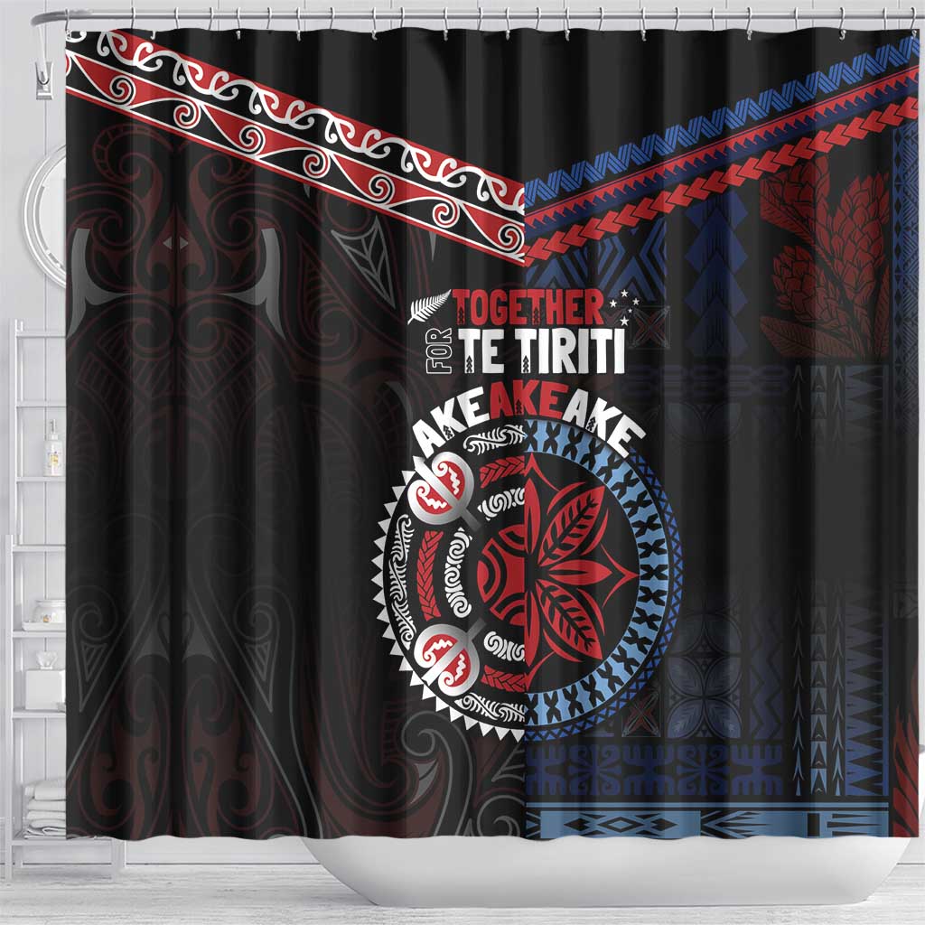 Aotearoa and Samoa Together For Te Tiriti Shower Curtain Kowhaiwhai Mix Siapo - Flag Color LT7 - Polynesian Pride