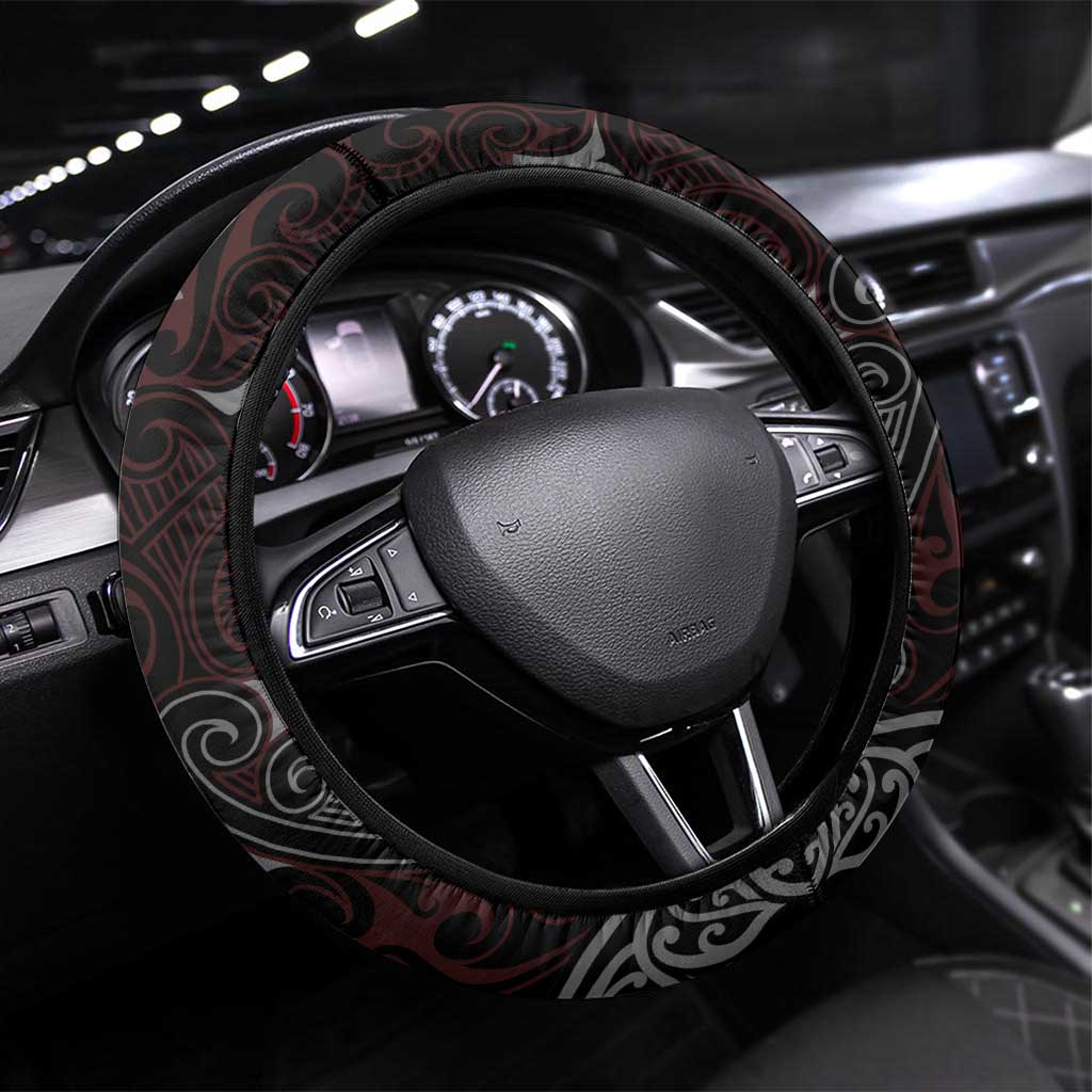 Aotearoa and Samoa Together For Te Tiriti Steering Wheel Cover Kowhaiwhai Mix Siapo - Flag Color LT7 Universal Fit Black - Polynesian Pride