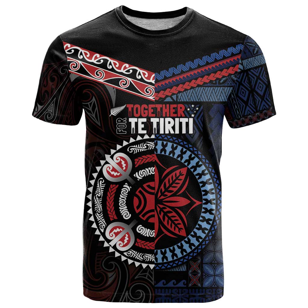 Aotearoa and Samoa Together For Te Tiriti T Shirt Kowhaiwhai Mix Siapo - Flag Color LT7 Black - Polynesian Pride