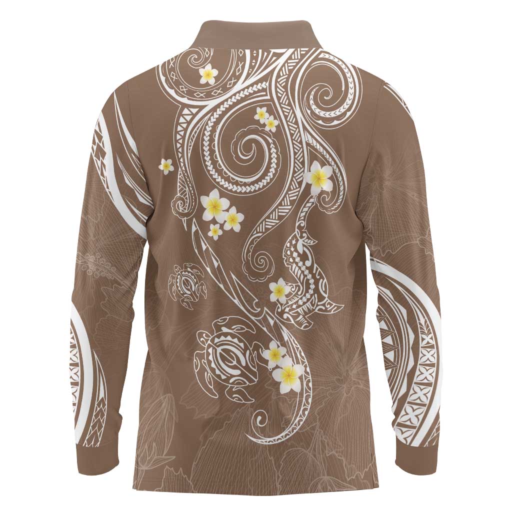 Polynesia Tribal Long Sleeve Polo Shirt Mocha Plumeria Tentacles LT7 - Polynesian Pride