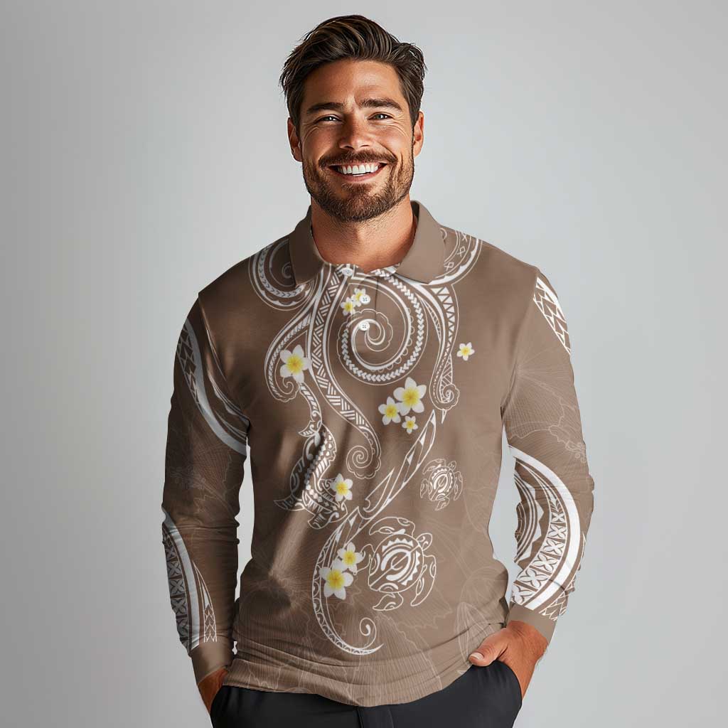 Polynesia Tribal Long Sleeve Polo Shirt Mocha Plumeria Tentacles LT7 - Polynesian Pride