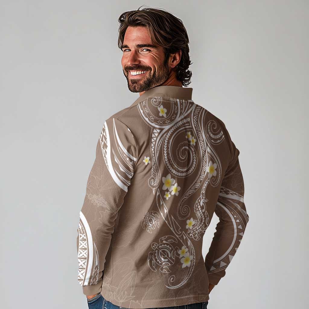 Polynesia Tribal Long Sleeve Polo Shirt Mocha Plumeria Tentacles LT7 - Polynesian Pride