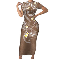 Polynesia Tribal Short Sleeve Bodycon Dress Mocha Plumeria Tentacles LT7 Long Dress Mocha - Polynesian Pride