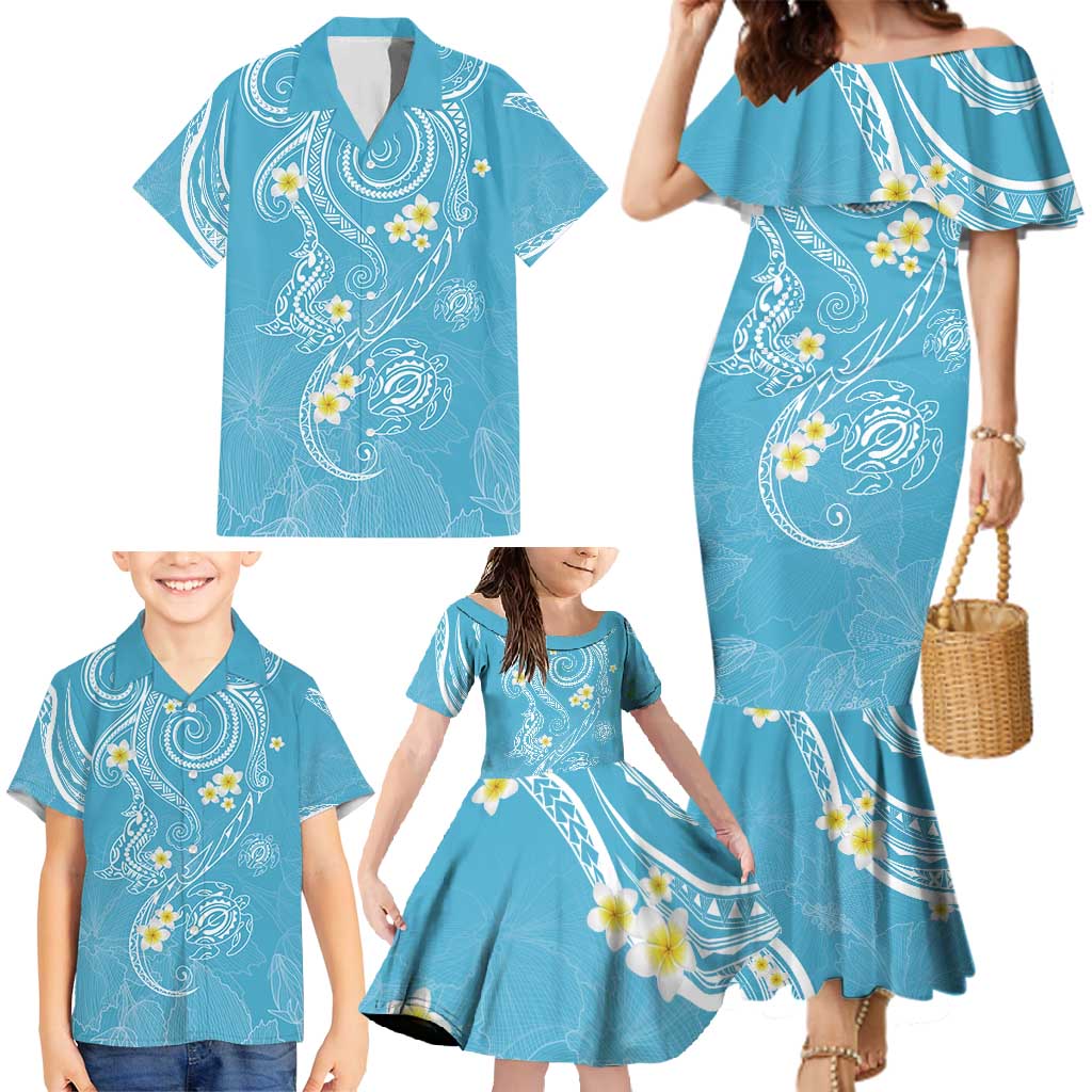 Polynesia Tribal Family Matching Mermaid Dress and Hawaiian Shirt Turquoise Plumeria Tentacles