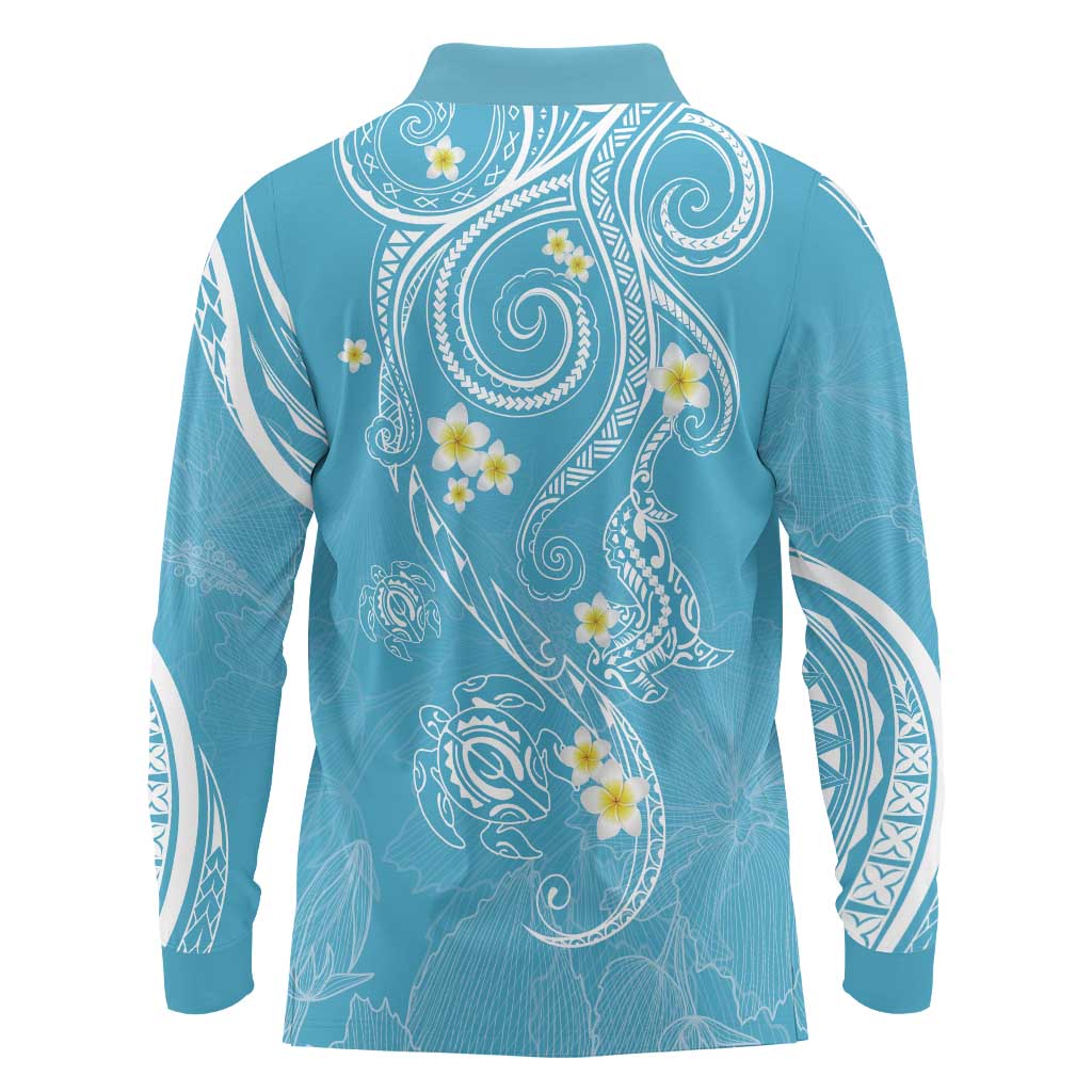 Polynesia Tribal Long Sleeve Polo Shirt Turquoise Plumeria Tentacles LT7 - Polynesian Pride