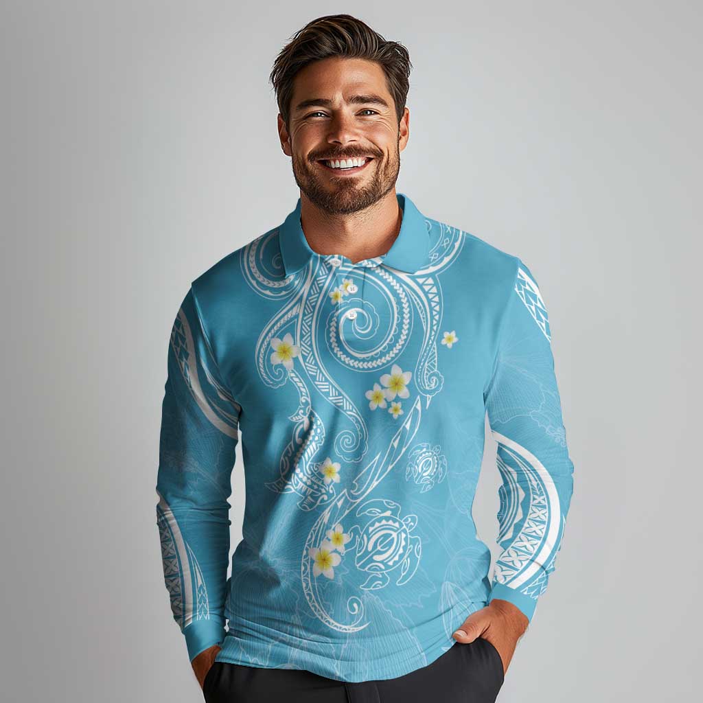 Polynesia Tribal Long Sleeve Polo Shirt Turquoise Plumeria Tentacles LT7 - Polynesian Pride